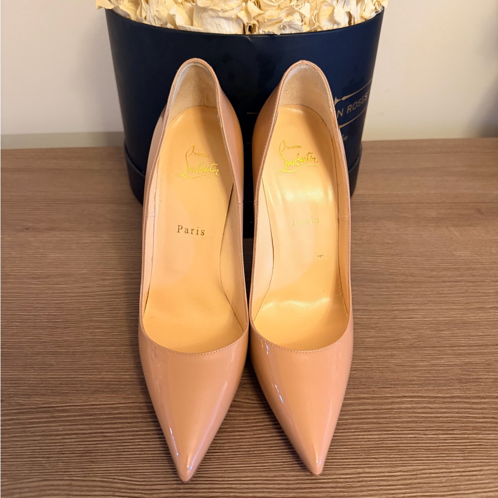Christian Louboutin Nude Patent Leather Pointed-Toe Pumps With Red Sole